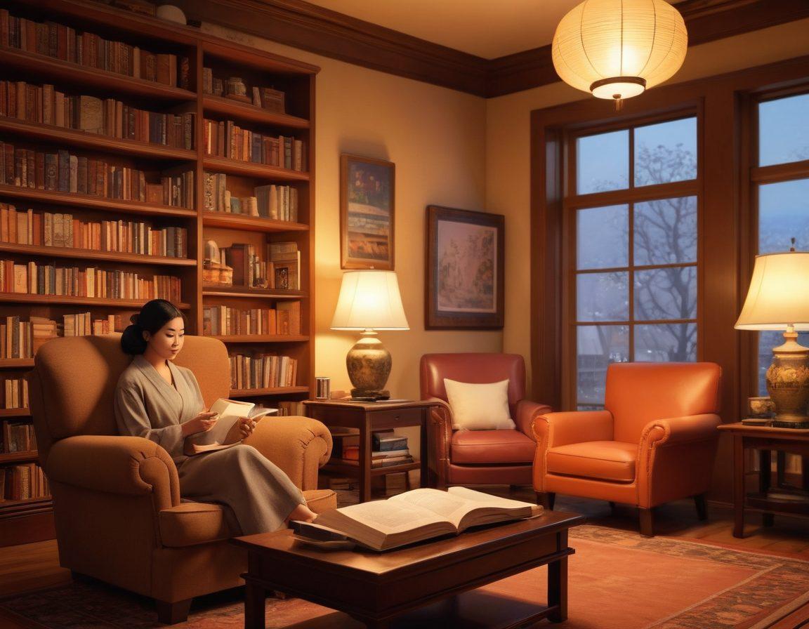 A cozy library setting featuring diverse readers engaging in animated discussions about Asian classic literature. In the foreground, an author seated with a thoughtful expression surrounded by books, while in the background, shelves filled with Asian classics and warm lighting create an inviting atmosphere. A plush armchair and a steaming cup of tea enhance the scene. super-realistic. warm colors. inviting atmosphere.