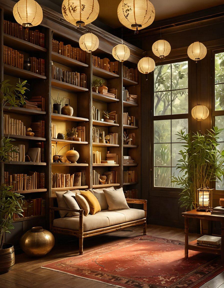 An enchanting library filled with ancient Asian texts, vibrant bookshelves overflowing with literature, and a warm, inviting reading nook, adorned with traditional Asian decor, such as paper lanterns and bamboo plants. Soft golden light illuminating the space, creating a serene and magical ambiance. Super-realistic. Warm colors. 3D.