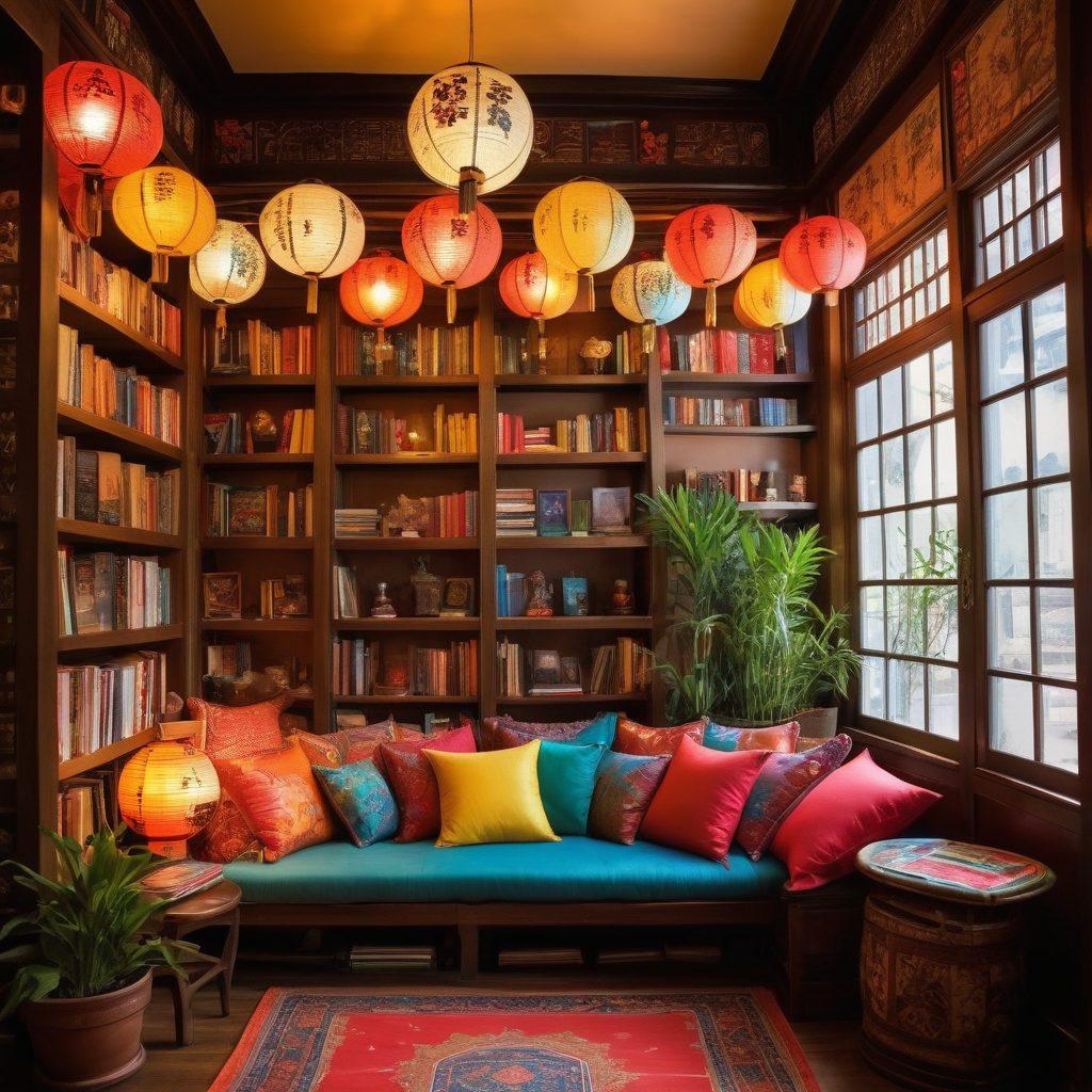 An enchanting bookshop filled with diverse Asian literature, showcasing colorful book covers in various languages. Cozy reading nooks with cushions, surrounded by traditional Asian decor such as lanterns and bamboo plants. A globe prominently placed, symbolizing a journey through different Asian cultures. Warm, inviting lighting enhances the atmosphere, inviting readers to explore. super-realistic. vibrant colors. cozy ambiance.